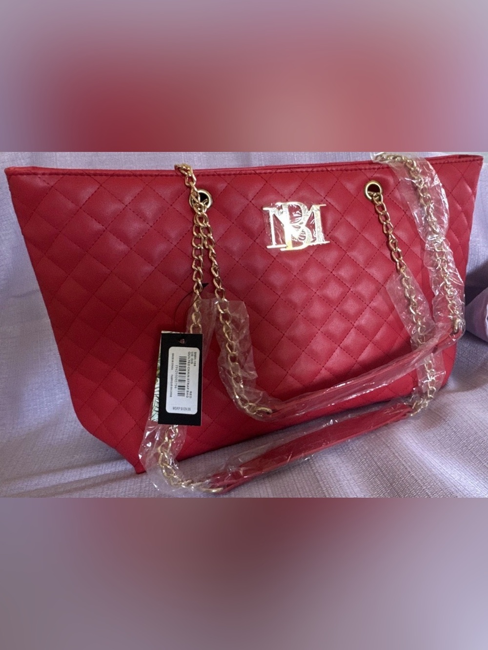 Badgley Mischka Quilted Red Tote Bag with Gold Chain Handles